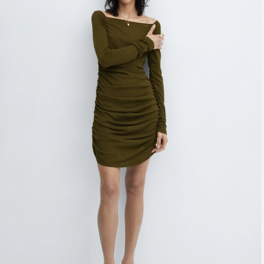 Mango Olive Green Ruched Dress